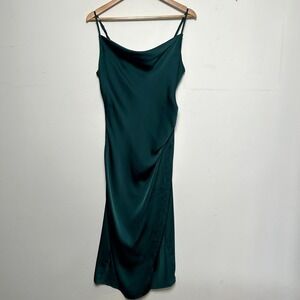 re:named Cowl Neck Satin Midi Dress Emerald Green Medium